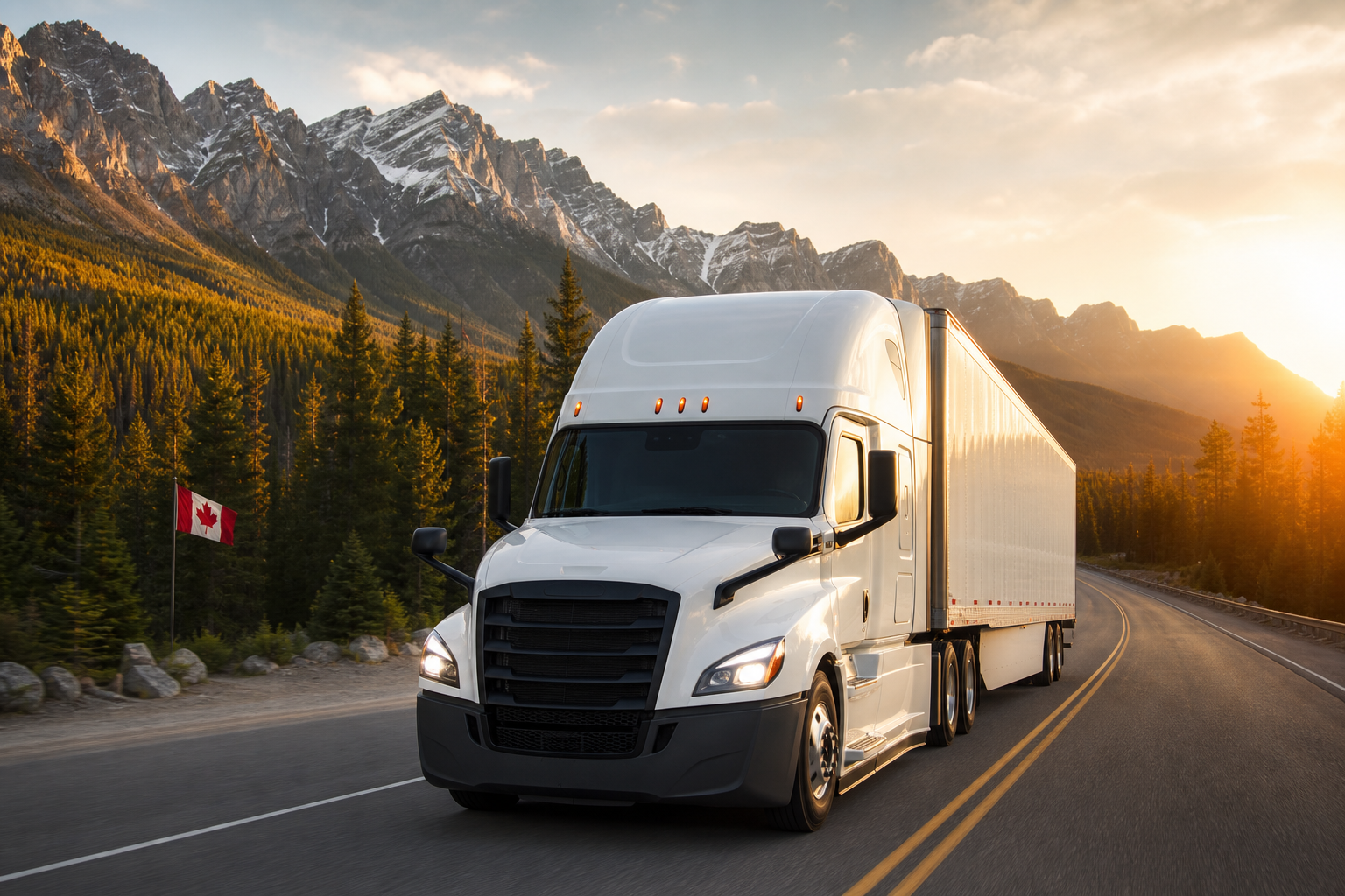 A white Canadian semi-truck on a mountain highway at golden hour