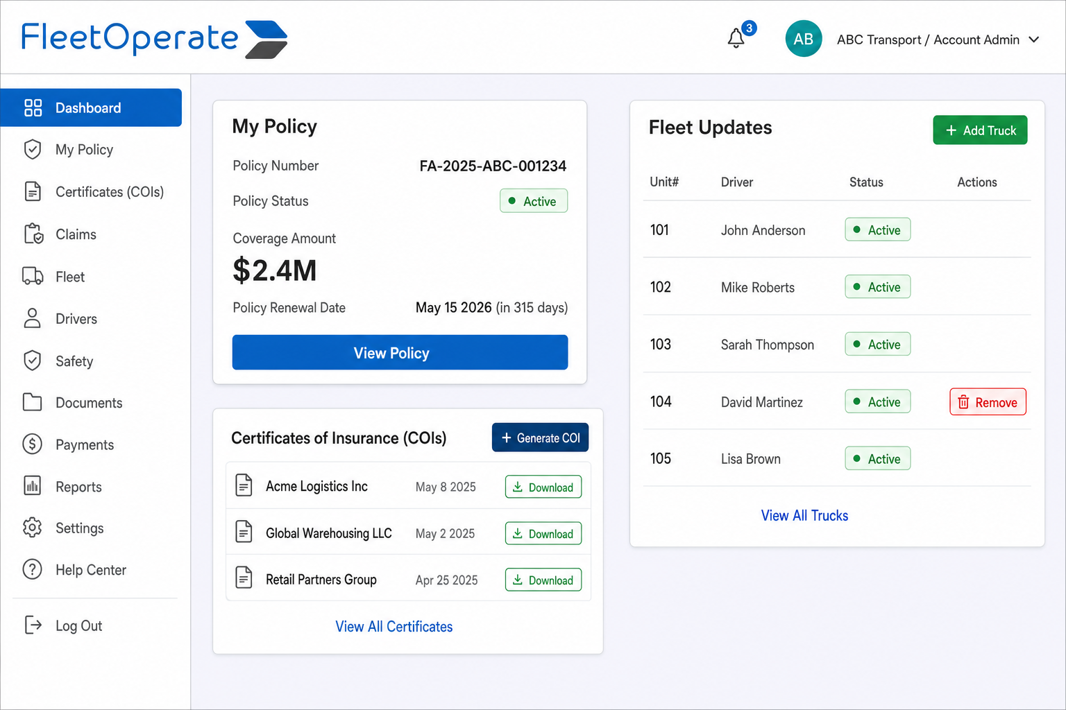 Insurance self-service dashboard — policy, COIs and fleet updates